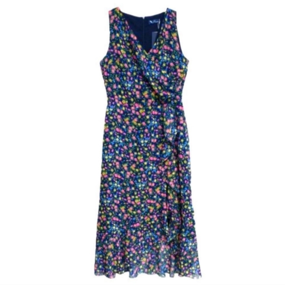 NWT Poeta Long Floral Chiffon Sleeveless Dress, Small